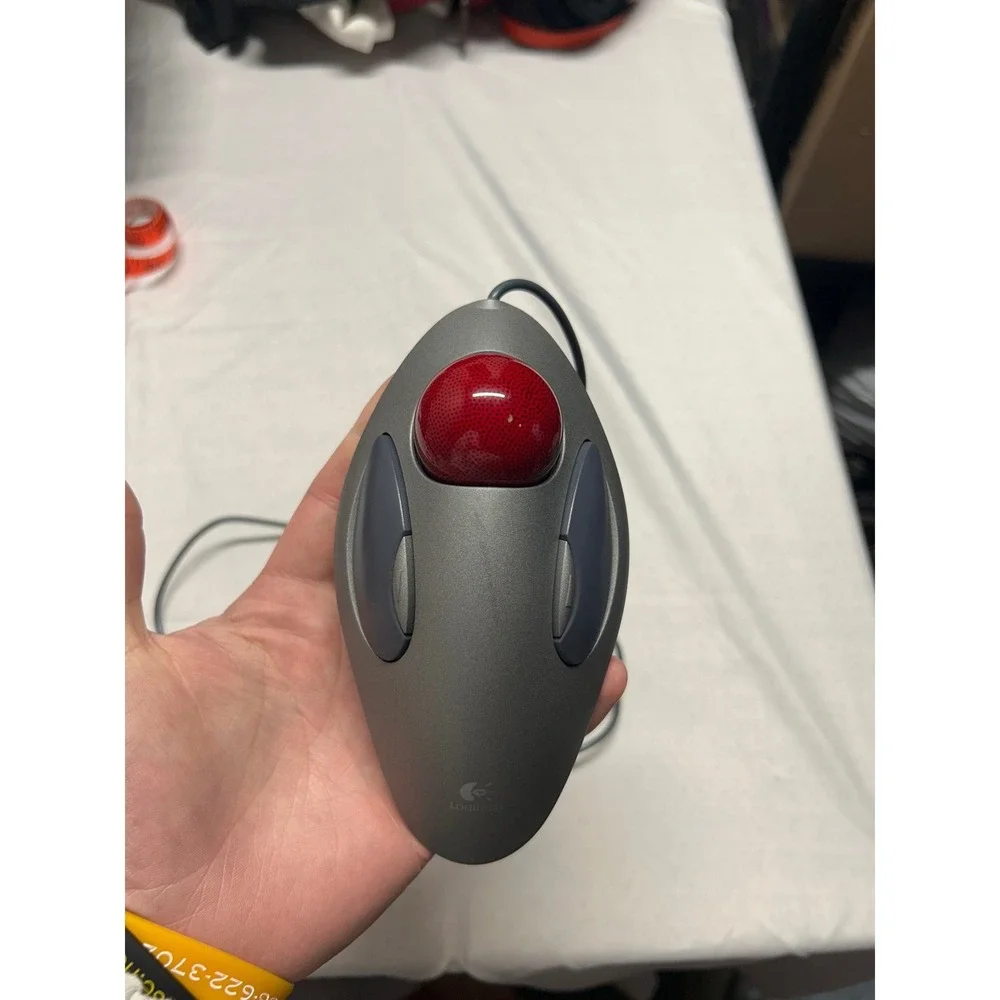 Logitech Marble Mouse USB Wired Trackball T-BC21 Ambidextrous Gray Red Ball